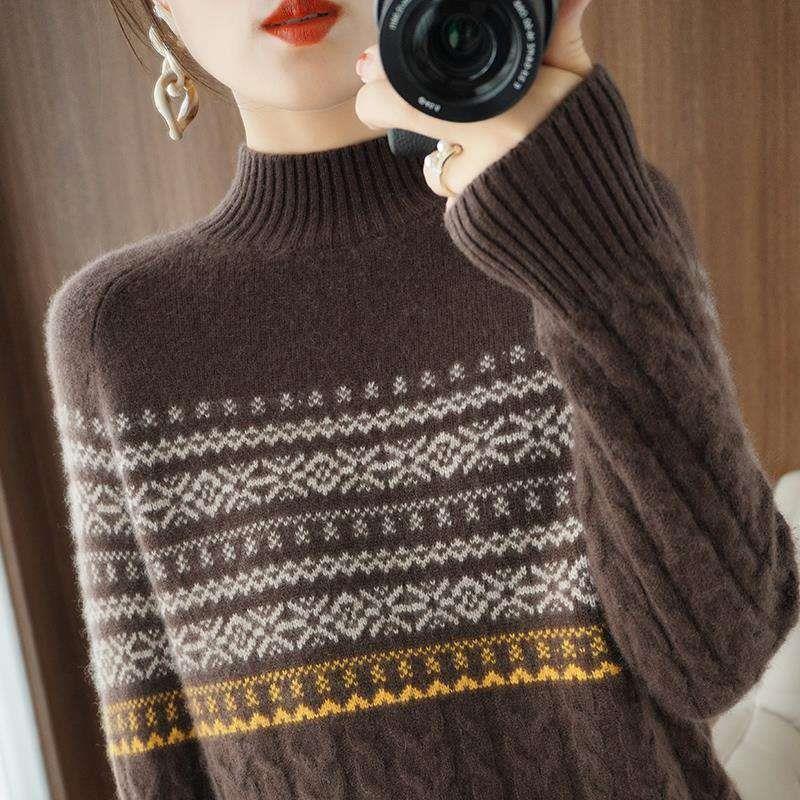 【 Cashmere Family】 Maglione spesso lavorato a maglia da donna, con cappuccio, collo alto e corto, a righe, interno_voghion.com