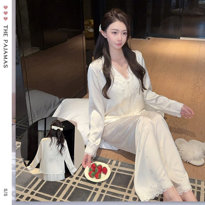 French-Style Velvet Ice Silk Lace-Trimmed Pajama Set, Autumn and Winter Long-Sleeve Long-Pants Loungewear Set, Trendy Internet Celebrity Pajamas French-Style Velvet Ice Silk Lace-Trimmed Pajama Set, Autumn and Winter Long-Sleeve Long-Pants Loungewear Set, Trendy Internet Celebrity Pajamas