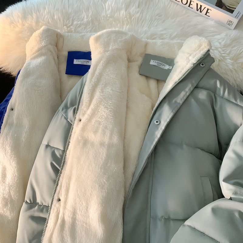 冬季加绒棉服港风情侣棉衣ins原宿面包服潮流加厚纯色袄子外套男