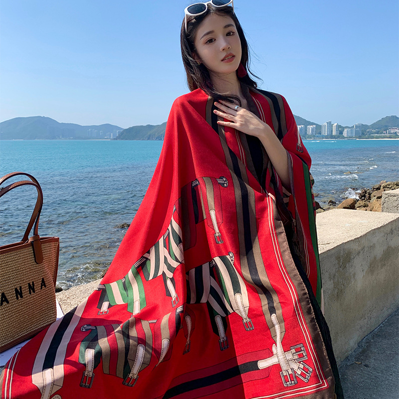 Estilo coreano simple de algodón y lino sensación bufanda protección solar viaje chal Exterior las mujeres cadena borla larga toalla playa