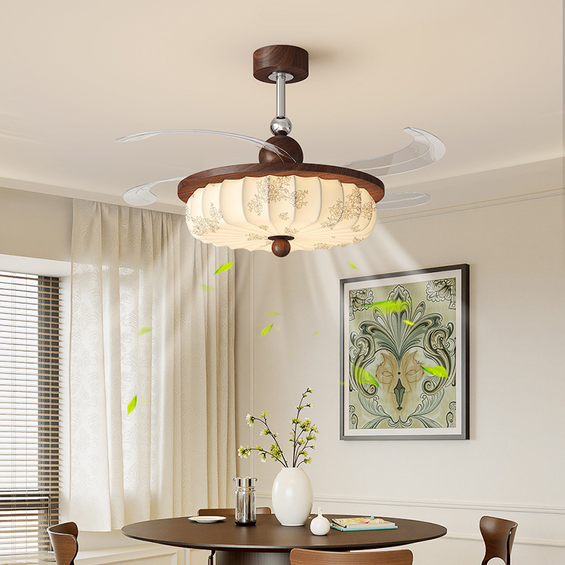 Medieval Fan Lamp Restaurant Ceiling Fan Lamp Retro Song Dynasty Aesthetic Printed Fabric Invisible Silent Fan Bedroom Lamp