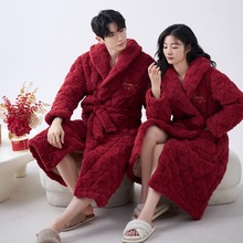 冬季跨境爆款情侣睡袍三层夹棉男女长加厚保暖连帽浴袍家居服套装