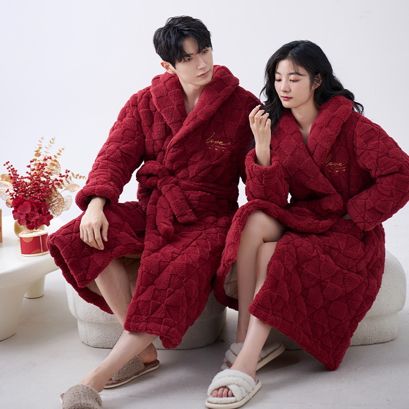 Camisón de pareja de invierno coral de lana de tres capas acolchado forrado de lana engrosada rojo hombres y mujeres boda pareja pijamas Otoño e Invierno