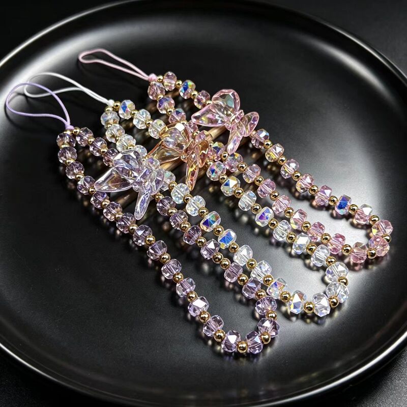 Iridescent Crystal Butterfly Phone Strap, Light Luxury Fairy-like Faceted Beaded Wrist Lanyard, Anti-lost Pendant for Girls Iridescent Crystal Butterfly Phone Strap, Light Luxury Fairy-like Faceted Beaded Wrist Lanyard, Anti-lost Pendant for Girls
