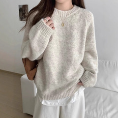 奶fufu软糯圆领毛衣女秋季慵懒套头宽松纯色长袖针织衫内搭上衣厚
