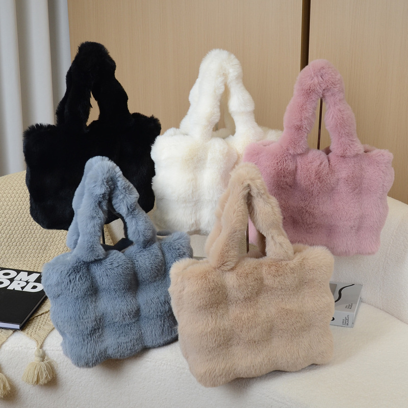 Cross-Border Large-Capacity Autumn and Winter Imitation Rabbit Plush Bubble Fur Bag Light Luxury Shoulder Tote Bag Travel Bag Plush Handbag