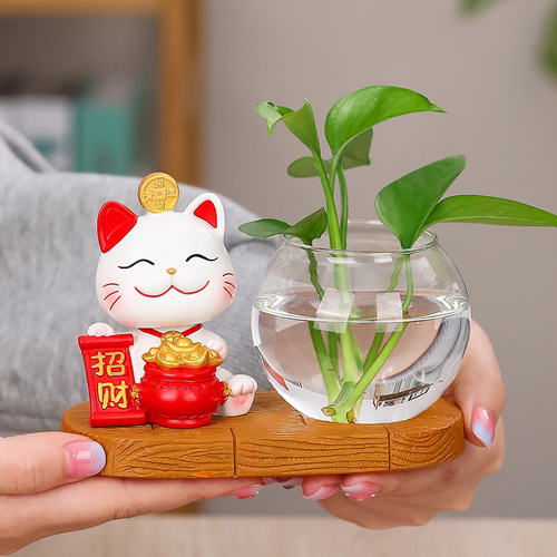 New Lucky Cat Hydroponics Creative Vase Utensils Vase Living Room Desktop Decoration Lucky Cat Green Radish Hydroponics