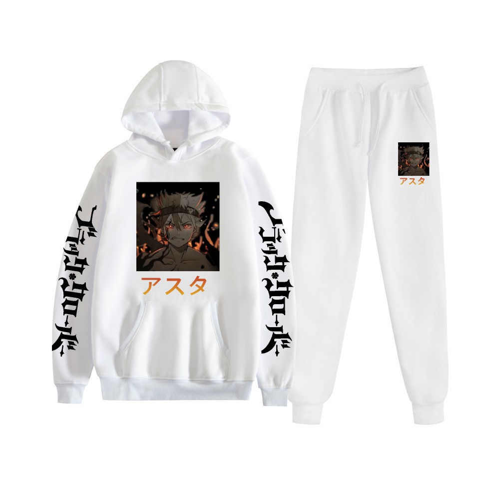 Traje de suéter con capucha suelto de dos piezas de trébol de cuatro hojas negro para hombres y mujeres con estampado de letras nuevas transfronterizas