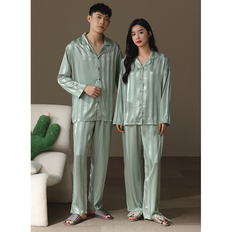 情侣冰丝睡衣男女春秋长袖夏天开衫翻领高档仿真丝绸缎家居服套装