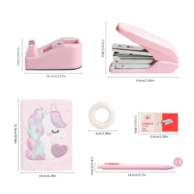 E Commerce Pink Office Set, Stapler, Staples, Tape Holder, Plush Notebook, In Stock._voghion.com
