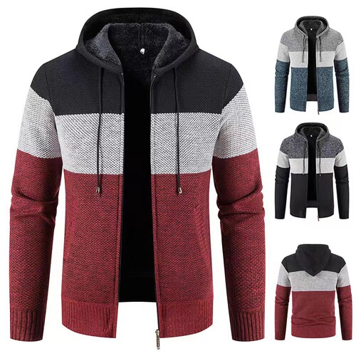 Overseas foreign trade autumn and winter men's sweater with extra thick lining, unisex outerwear knitted sweater with hood, cashmere sweater jacket