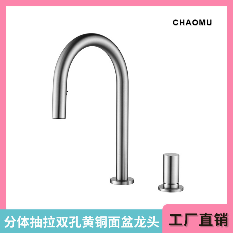 Cross-Border Brushed Nickel Brass Pull-Out Basin Faucet, Hot and Cold Washbasin Swivel Split Faucet for Hotel Projects Cross-Border Brushed Nickel Brass Pull-Out Basin Faucet, Hot and Cold Washbasin Swivel Split Faucet for Hotel Projects