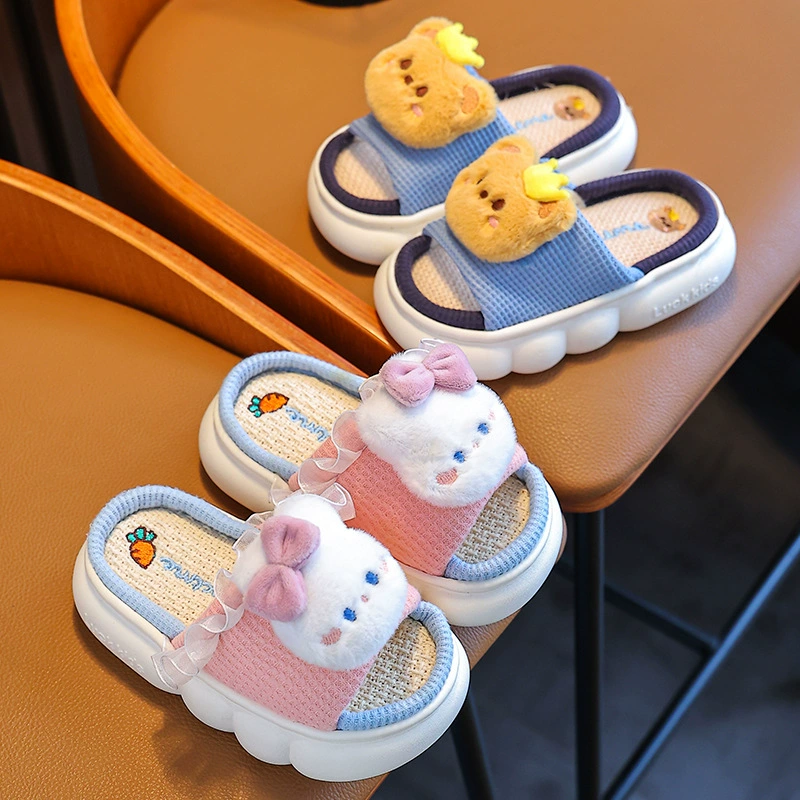 Весенние и осенние детские льняные тапочки, Нескользящие домашние тапочки на толстой подошве Four Seasons, дышащие домашние тапочки из хлопка и льна для родителей и детей