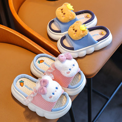 Spring and autumn children's linen slippers for all seasons indoor non-slip thick-soled breathable parent-child home baby floor cotton and linen slippers