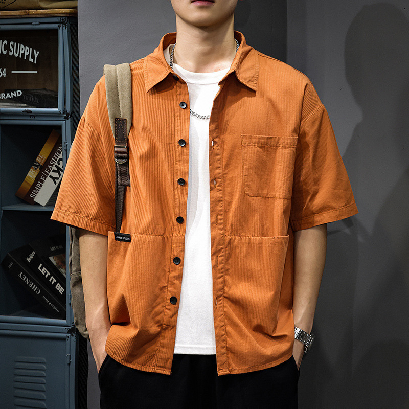 Japanese Retro Simple Orange Men's Short-Sleeved Shirt Summer New Trendy Brand Loose Half-Sleeved Work Shirt