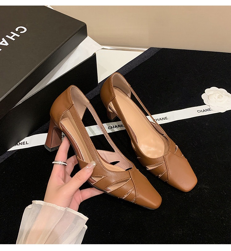Giày cao gót nữ da thật mũi vuông nhỏ, gót cao 9 cm, phong cách thời trang xuân hè — màu nâu, màu trắng ngà chi tiết 18