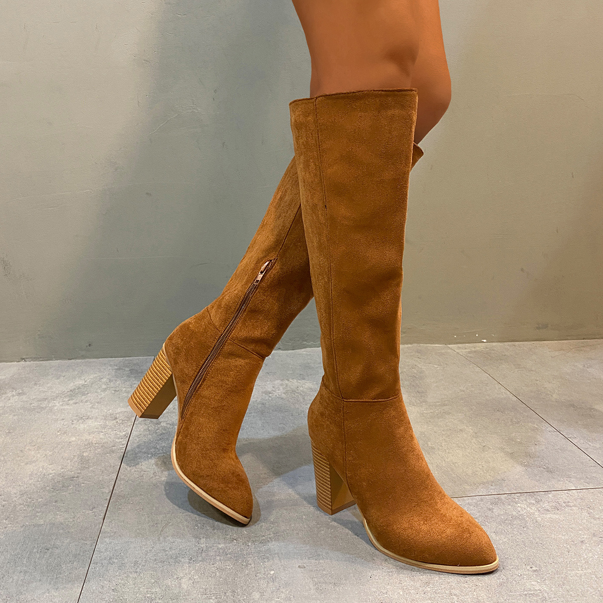 Neue Herbst/Winter-Mode Blockabsatz Spitz Seitlicher Reißverschluss High Heel Knight Stiefel_voghion.com
