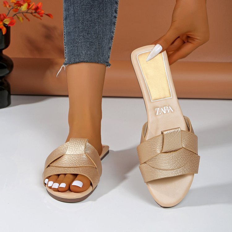 外贸大码平底潮流一字型拖鞋女2025新款跨境交叉纯色时尚slippers|undefined