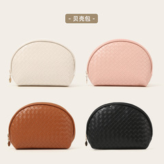 亞馬遜2024年新款大容量PU化妝包編織紋防水洗漱包貝殼化妝品收納