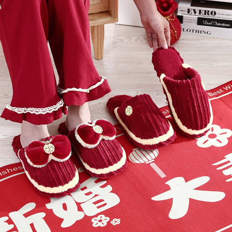 Свадебные тапочки для приданого, красные парные для жениха и невесты, зимние для дома, для свадебных торжеств, в стиле принцессы для молодоженов