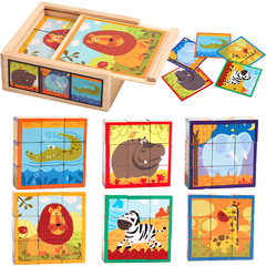 Children's Educational Toys Large 9 Pieces Building Blocks Animal Six-Sided Picture 3D Puzzle Toy Box Wholesale