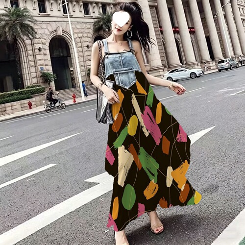 Spot summer new style loose four-sided elastic splicing print washed water old strap to show slimming and large size temperament dress