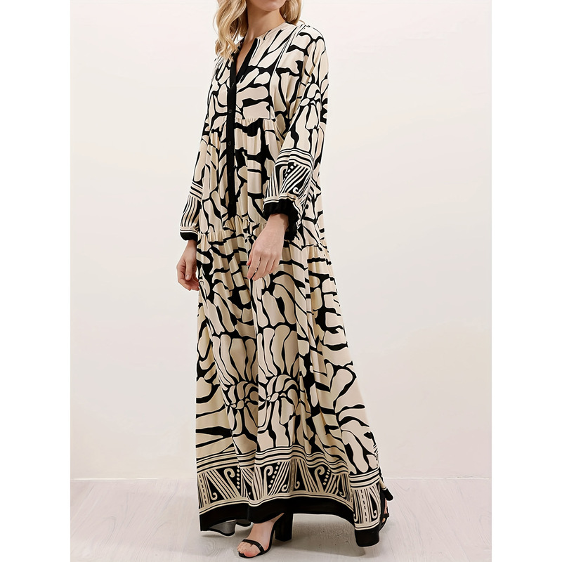 New Cross-Border Black Dress with Elegant and Noble Temperament, Soft and Comfortable Design, Printed Long Gown