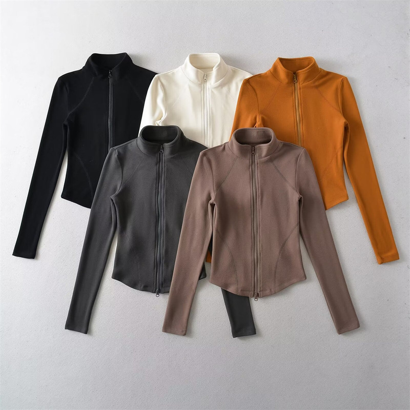 YPFF trendy women's autumn and winter turtleneck Australian velvet zipper T-shirt outer wear solid color curved hem slim fit sports top