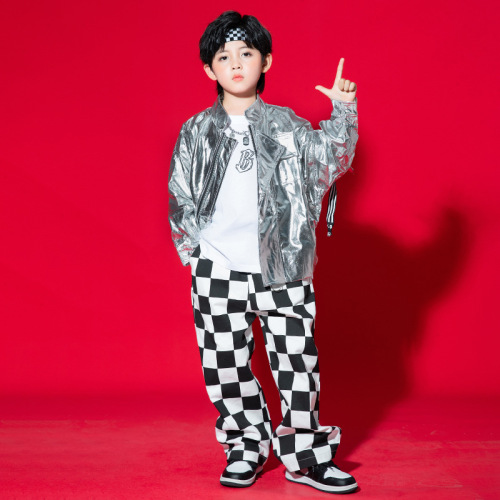 Children kids silver leather glitter jazz dance costumes rapper street hiphop dance outfits model show plaid performance catwalk clothing for boy girls