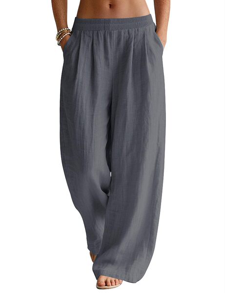 European and American Cross-Border Linen Wide-Leg Pants Summer Women's Flowy Long Pants Beach Vacation Wear Elastic Waist Travel Pants with Pockets
