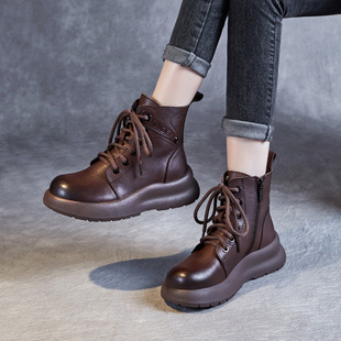 Thick-Soled Martin Boots for Women, Genuine Leather, 2025 Autumn and Winter New Casual Women's Shoes, Casual British Retro Fleece-Lined Short Boots