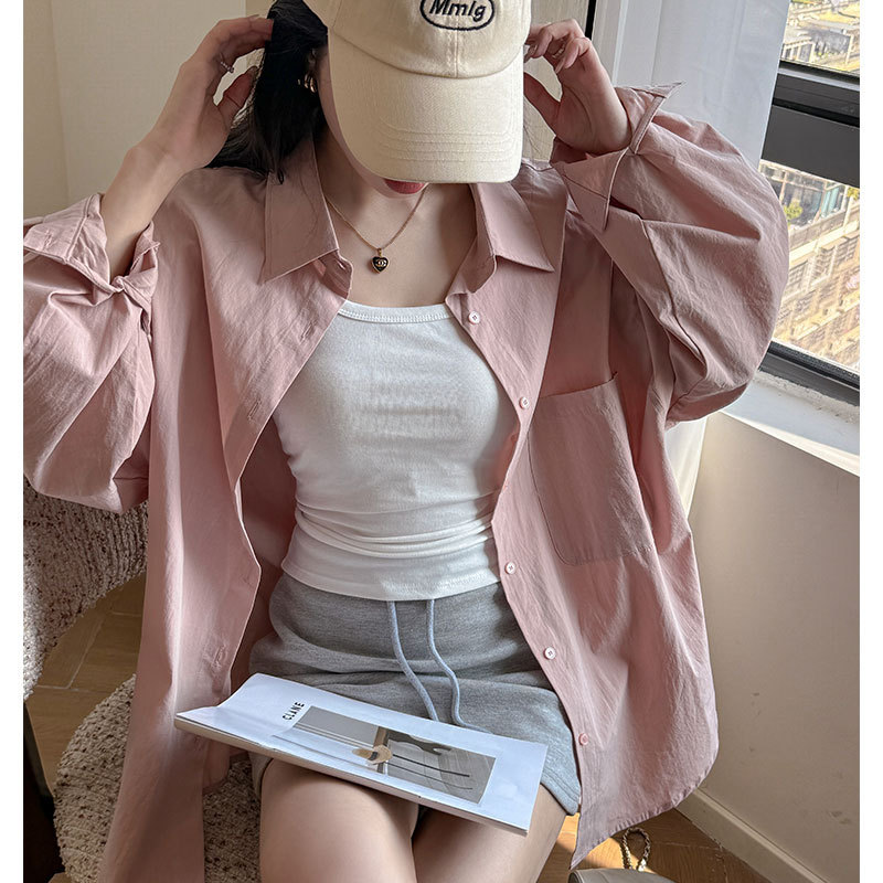 Korean Style Pure Cotton Loose Long-Sleeved Shirt Women's Summer New Pure Color Design High-End Cardigan Dopamine Shirt Jacket