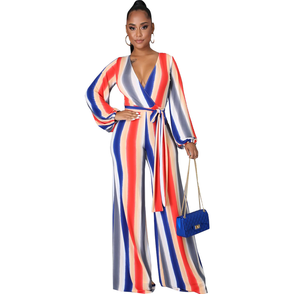 Stripe Print V-Neck Long Sleeved Jumpsuit NSMRF116557