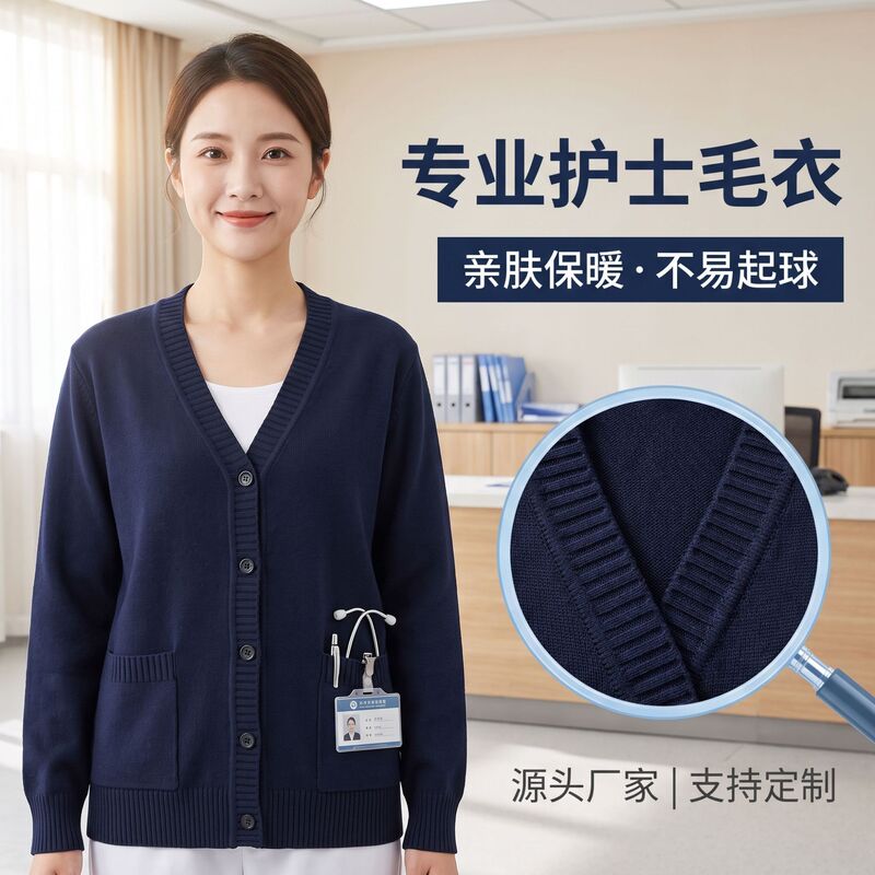 Nurse Sweater for Women, Warm and Loose-Fitting Outerwear, Combed Cotton V-Neck Loose Knit Cardigan, Workwear for Medical Staff