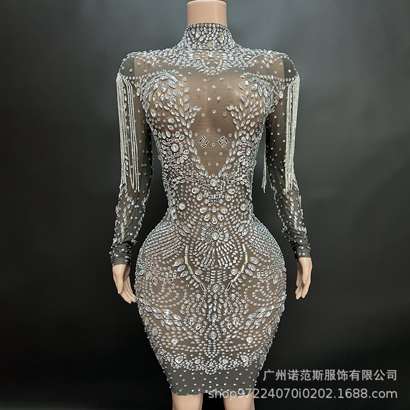 Cantante femenina MC modelo Dj adelgazar malla rhinestone borla falda de la cadera vestido ropa del funcionamiento etapa para las mujeres
