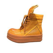 R潮牌男鞋o新款棕色蛇皮纹亮面圆头复古系带厚底休闲高帮拉链女鞋