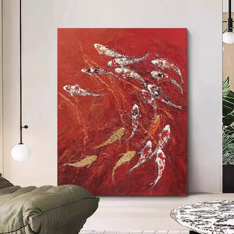中国红色新中式客厅装饰画九鱼图聚财肌理感画玄关抽象锦鲤挂壁画