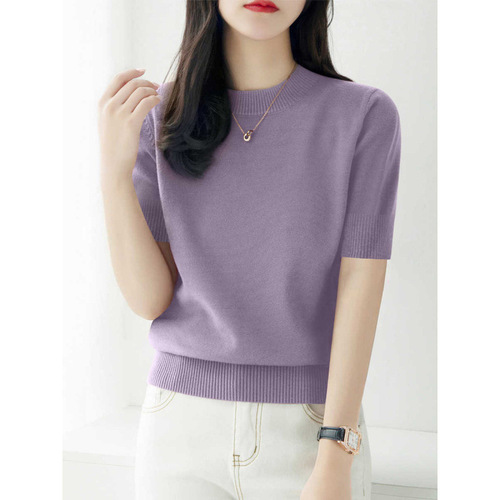 Elegant and Fashionable 5-Button Sleeve Knit Top for Women, Summer New Arrival, Slimming, Round Neck, Loose Fit, Layering Base Shirt