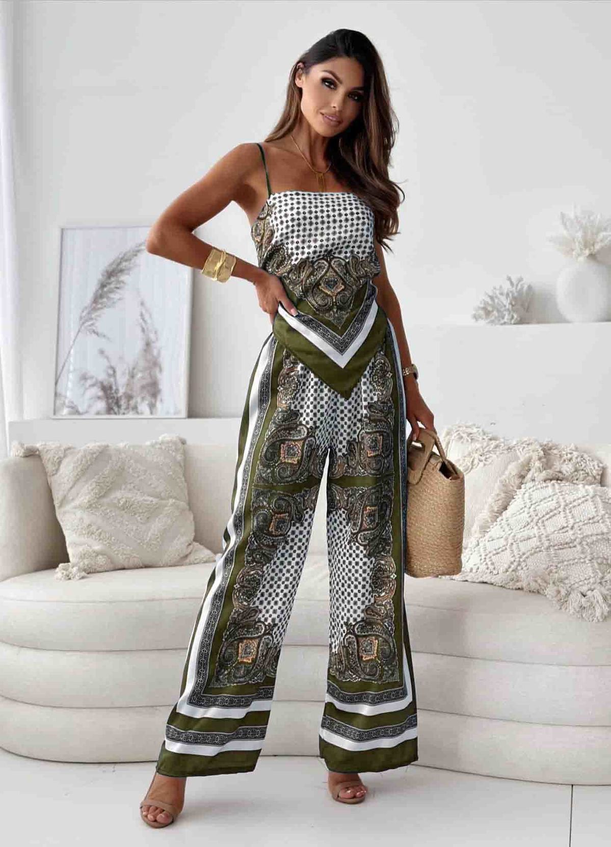 Women Clothing Printed Sexy Spaghetti Straps Corset Positioning Floral Trousers Two Piece Sets