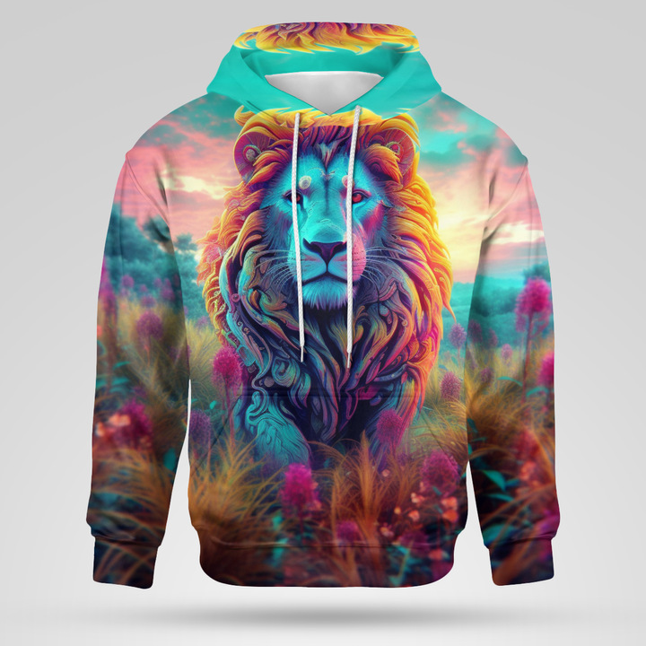 Nový pánsky sveter s kapucňou, vzor leva vytlačený 3D tlačou z roku 2024_voghion.com