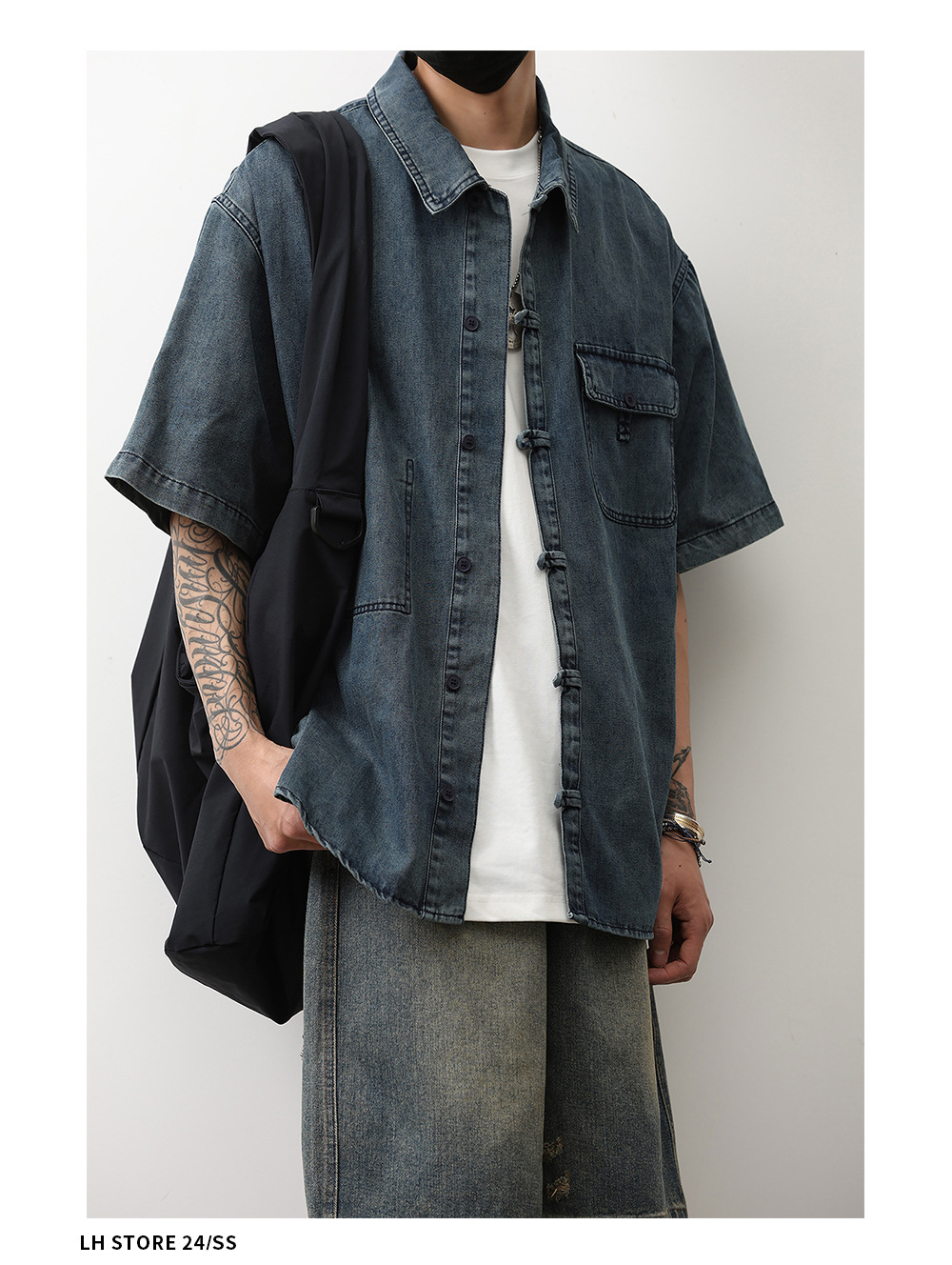 1 Denim Short Sleeve Summer New Chinese Niche Design Button Dark Blue Shirt Men's National Style Jacket Trendy_voghion.com
