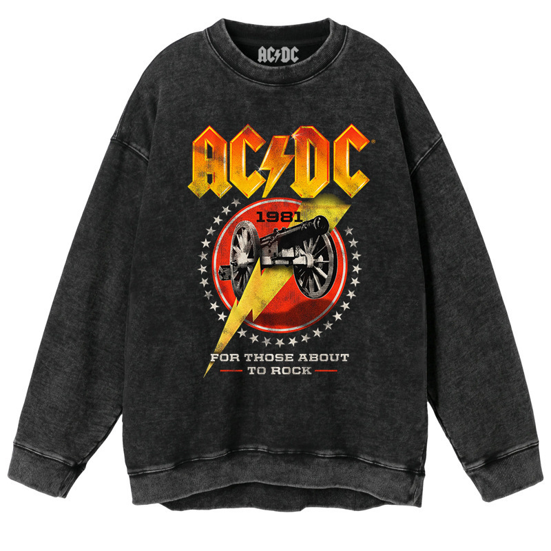 ACDC band 1981 Tokyo concert commemorative edition men's metal punk distressed batik washed round neck sweater