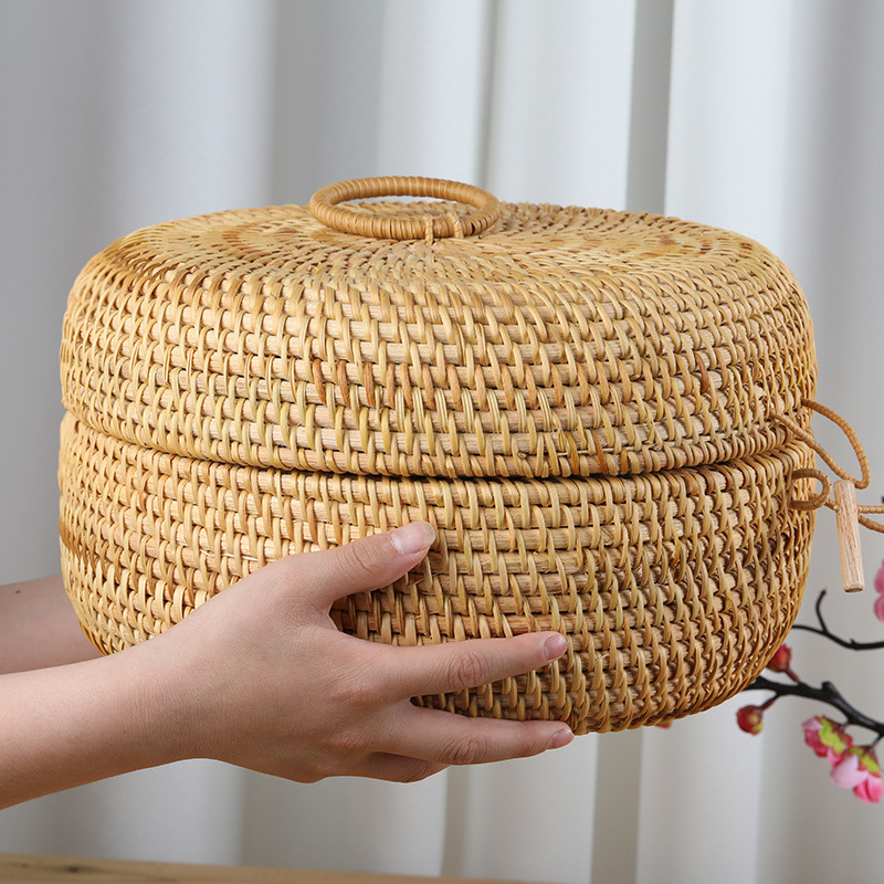 Caixa de almacenamiento de manzanas de grado alimenticio, cesto de pan al vapor tejido de caña doméstica, cesto de almacenamiento de cubierta vietnamita, retro