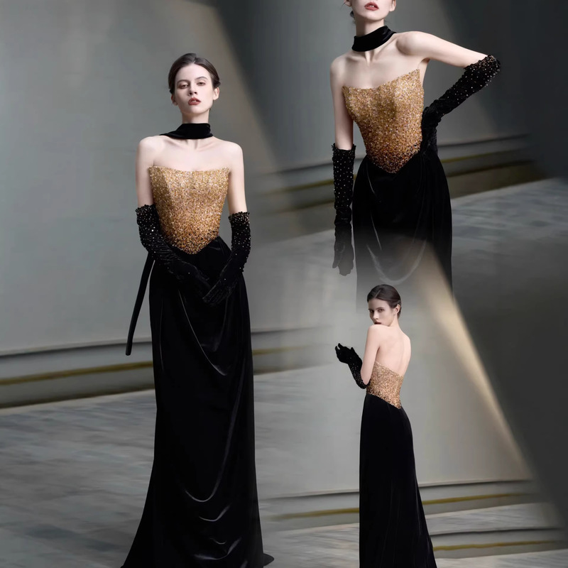 French-Style Evening Dress with a High-End Feel, Elegant Fishtail Design, Light Luxury Banquet Host Gown, Black Strapless Bridal Engagement New Model