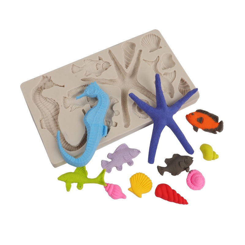 Molde de silicona fondant serie Marina estrellas de mar pequeño pescado pastel de chocolate molde caballito de mar Concha molde epoxi