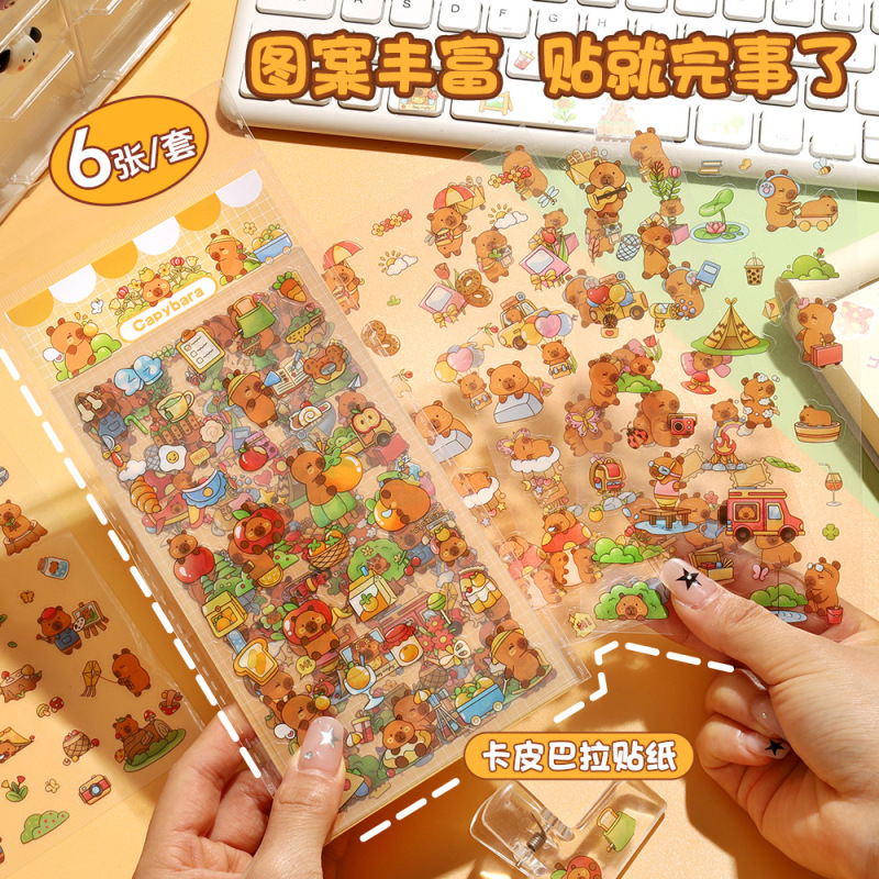 クリエイティブかわいいカピバラステッカー6枚入子供用diyカピバラ素材PET漫画デコレーションステッカーギフト|undefined