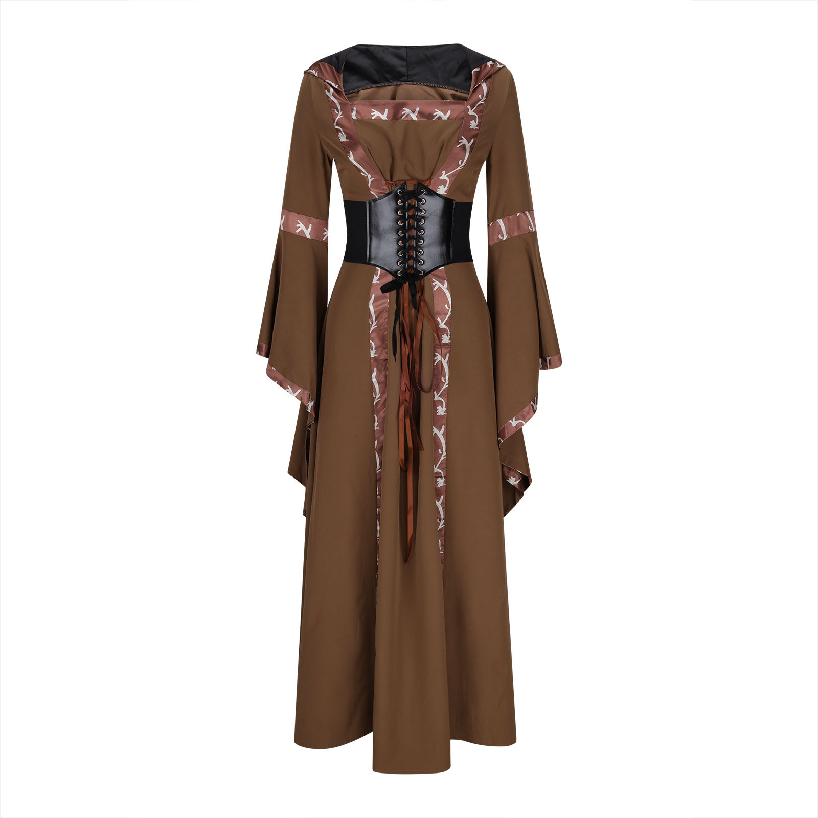 2025Wish Export European and American Medieval Retro Hooded Dress Square Neck Lace-Up Bell Sleeves Large Swing Skirt