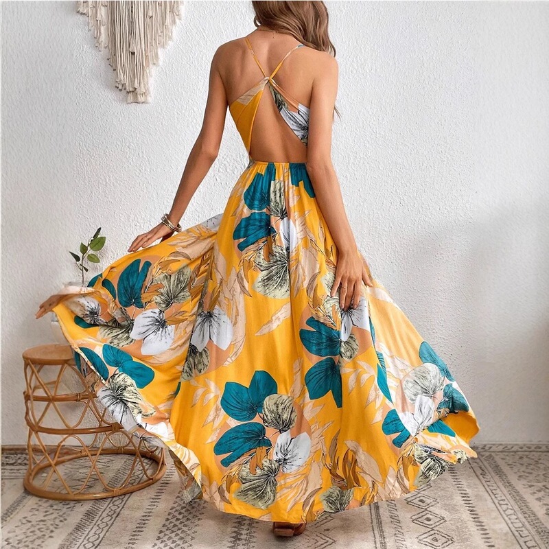 Tropical Print Spaghetti Strap Dress for Export, Popular in Europe and America, in Stock, Hot Sale Overseas Tropical Print Spaghetti Strap Dress for Export, Popular in Europe and America, in Stock, Hot Sale Overseas