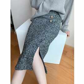 粗花毛呢小香风半身裙2026冬季新款气质高腰显瘦大码字包臀裙