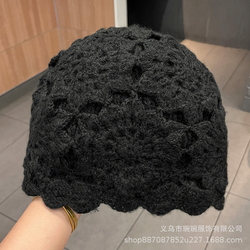 手工钩花双层加厚包头帽子女秋冬韩版百搭保暖针织时尚洋气毛线帽|undefined